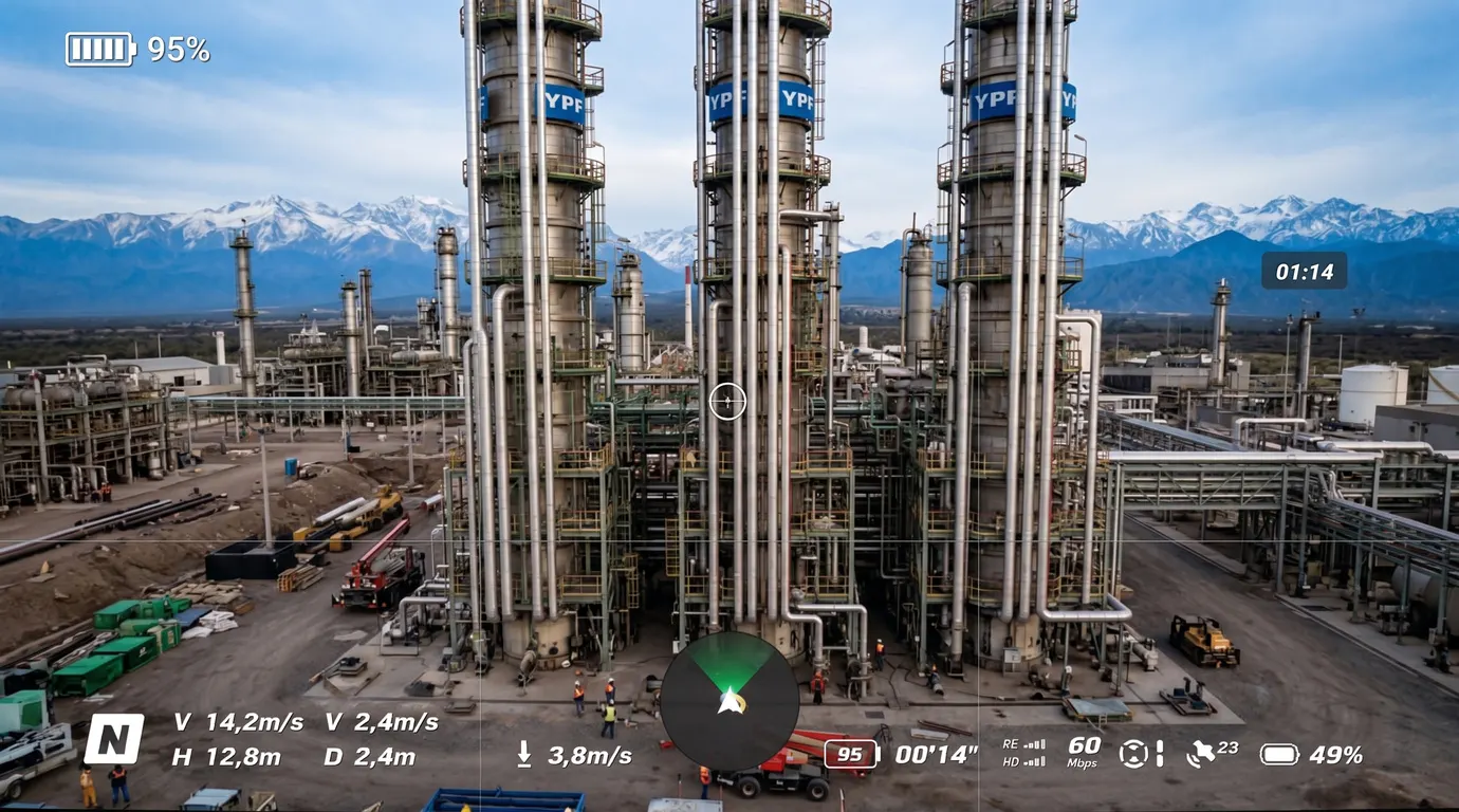 Planta industrial con montañas, vista con telemetría de drone